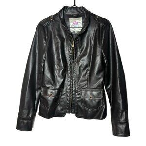 Retro Y2K Frida G Womens Sz M Coated Polyester Pleather Jacket Coat, Black(1386)